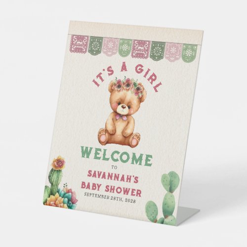Teddy Bear Cactus Girl Baby Shower Fiesta Welcome Pedestal Sign