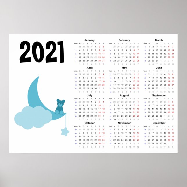 Teddy bear Calendar 2021 Poster - Monday start (Front)