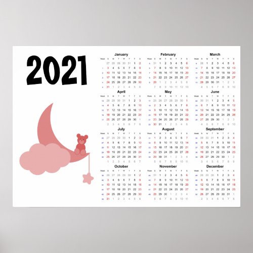 Teddy bear Calendar 2021 Poster _ Sunday start