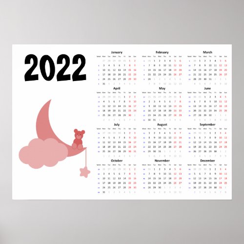 Teddy bear Calendar 2022 Poster _ Monday start