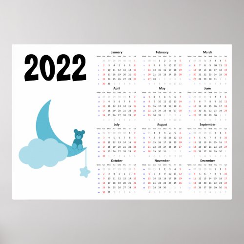 Teddy bear Calendar 2022 Poster _ Sunday start