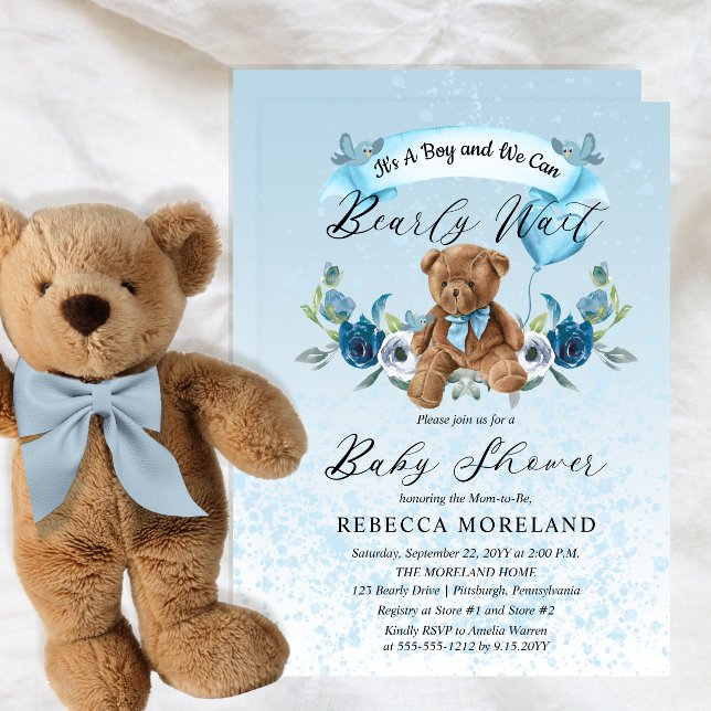 Teddy Bear Can Bearly Wait Blue Boy Baby Shower Invitation