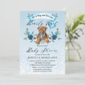 Teddy Bear Can Bearly Wait Blue Boy Baby Shower Invitation (Standing Front)