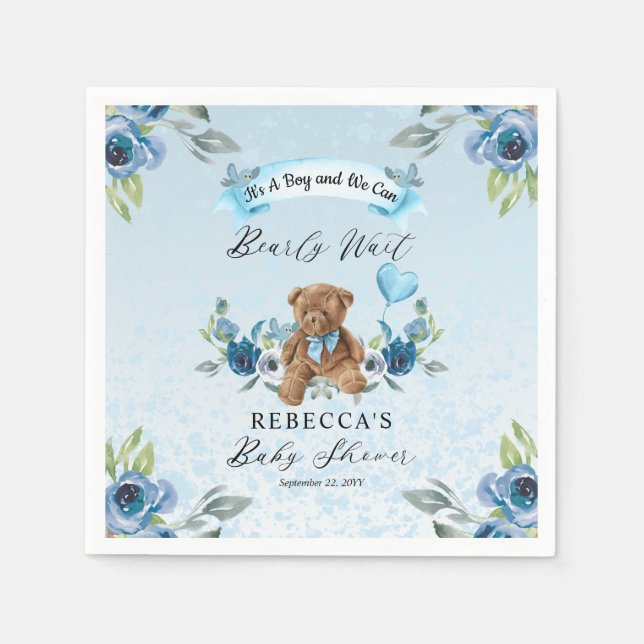Teddy Bear Can Bearly Wait Blue Boy Baby Shower Napkins (Front)