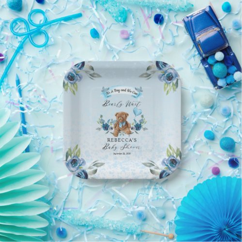 Teddy Bear Can Bearly Wait Blue Boy Baby Shower Paper Plates