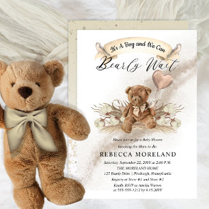 Teddy Bear Can Bearly Wait Greige Boy Baby Shower Invitation