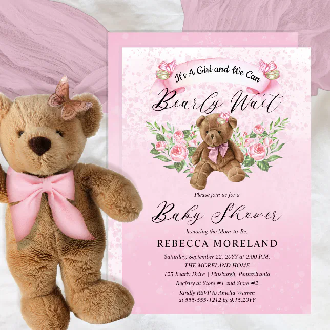 Teddy Bear Can Bearly Wait Pink Girl Baby Shower I Invitation | Zazzle