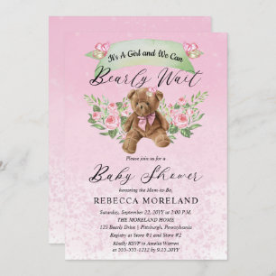 Teddy Bear Can Bearly Wait Pink Girl Baby Shower I Invitation