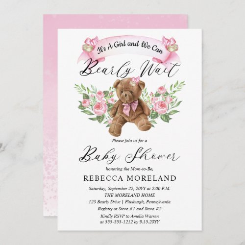Teddy Bear Can Bearly Wait Pink Girl Baby Shower Invitation