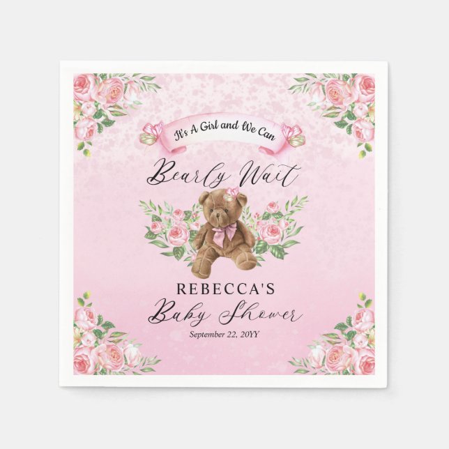 Teddy Bear Can Bearly Wait Pink Girl Baby Shower  Napkins (Front)