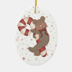 Teddy Bear Candy Cane Ceramic Ornament