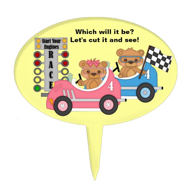 Teddy Bear - Car Theme Gender Reveal Cake Pick (Front)