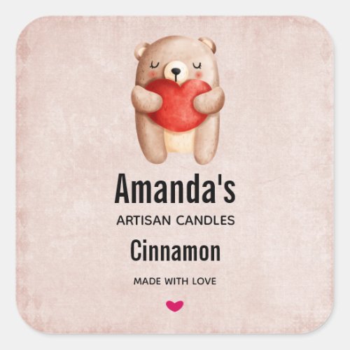 Teddy Bear Carrying a Red Heart Candle or Soap Biz Square Sticker