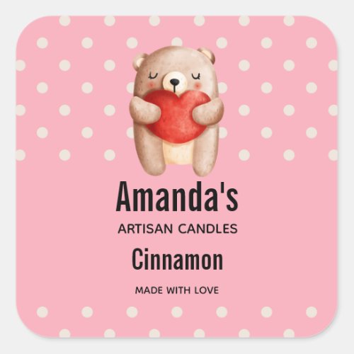 Teddy Bear Carrying a Red Heart Candle or Soap Biz Square Sticker