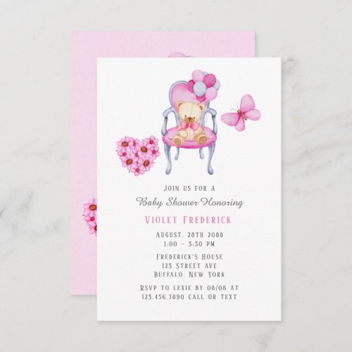 Teddy Bear Chair Girl Baby Shower Invitations