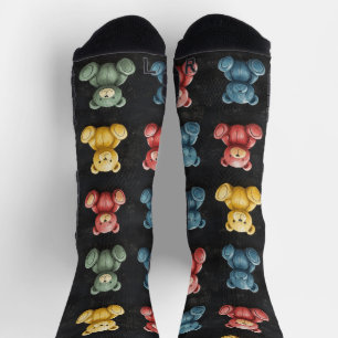 Teddy Bear Chalk Drawing Pattern Black Socks
