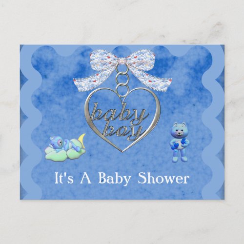 Teddy Bear Charm Boy Blue Baby Shower Invitation Postcard