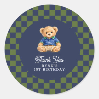 Teddy Bear Checkboard Retro Birthday Classic Round Sticker