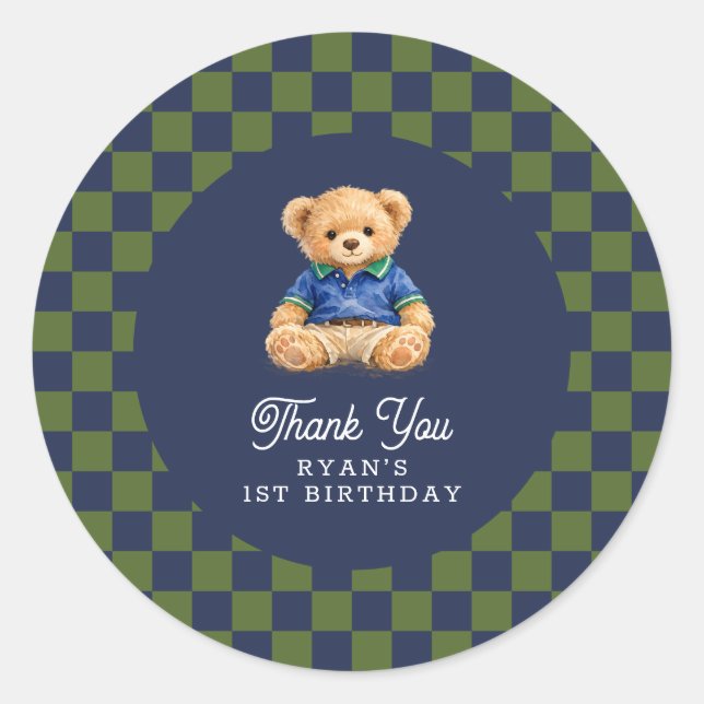 Teddy Bear Checkboard Retro Birthday Classic Round Sticker (Front)