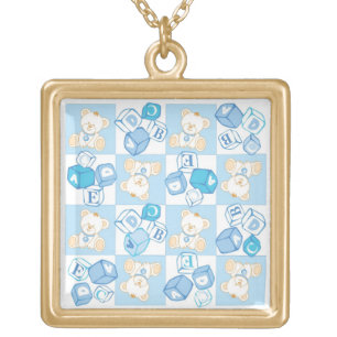 Teddy bear checked pattern gold plated necklace
