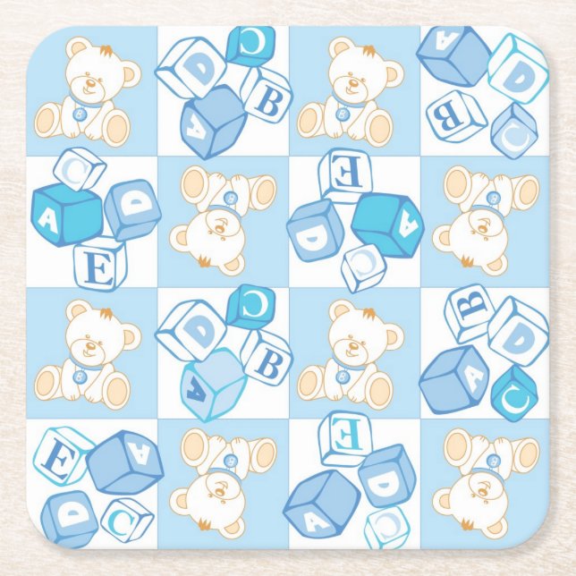 Teddy bear checked pattern square paper coaster (Front)