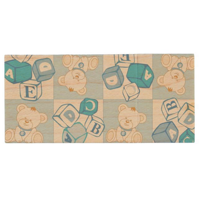 Teddy bear checked pattern wood USB flash drive (Front)