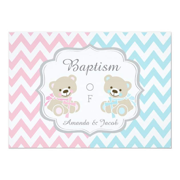 Teddy Bear Chevron Cross Twins Boy Girl Baptism Invitation