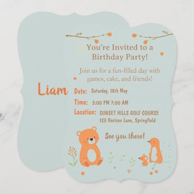 Teddy Bear Childish Birthday Invitation Card  (Front/Back)