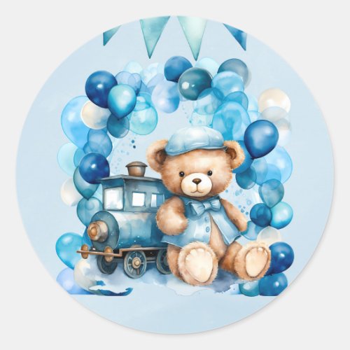 Teddy Bear Cho Cho Train Boy Baby Shower Classic Round Sticker