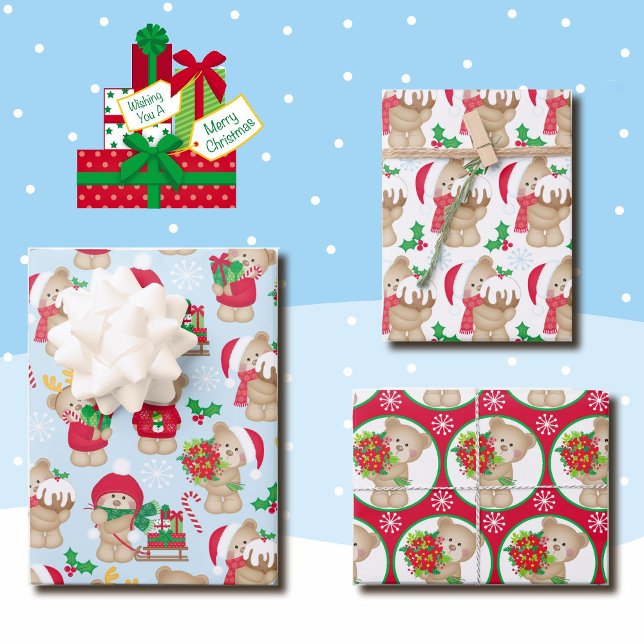 Teddy Bear Christmas 3 Coordinating Wrapping Paper Sheets (Creator Uploaded)