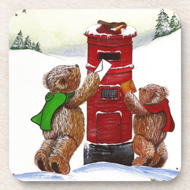 Teddy Bear Christmas Card Drink Coaster (Front)