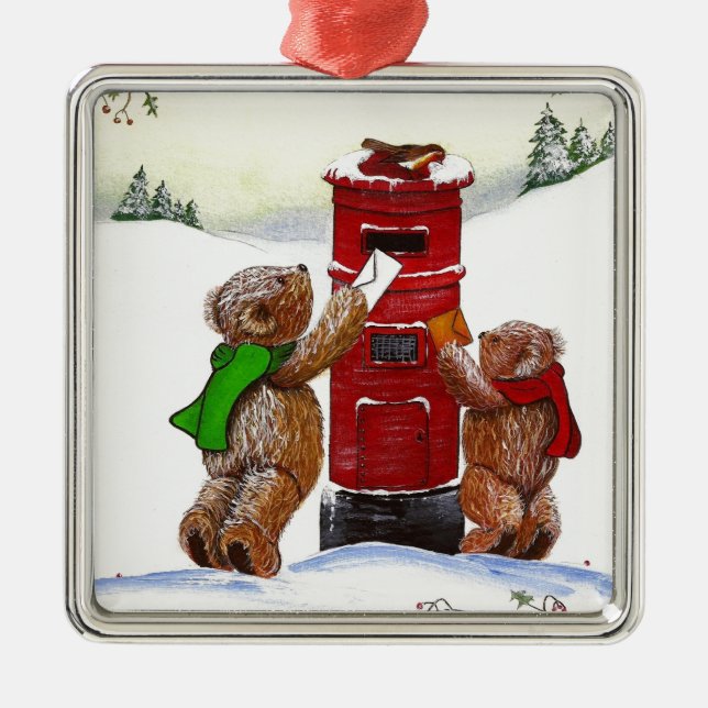 Teddy Bear Christmas Card Metal Ornament (Front)