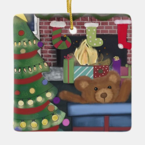 Teddy Bear Christmas Ceramic Ornament