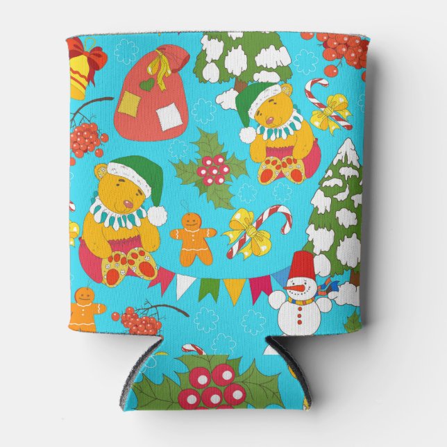 Teddy Bear Christmas: Kid-Friendly Pattern. Can Cooler (Front)