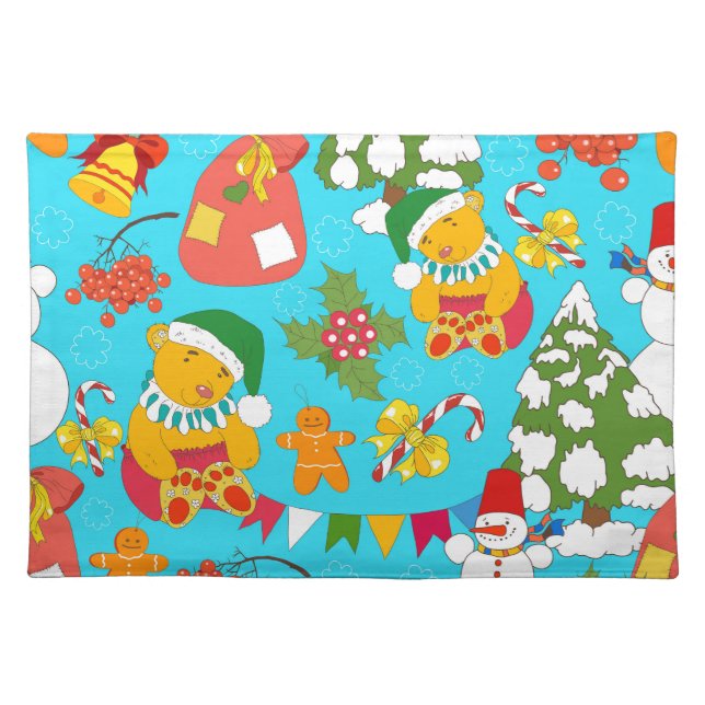 Teddy Bear Christmas: Kid-Friendly Pattern. Cloth Placemat (Front)
