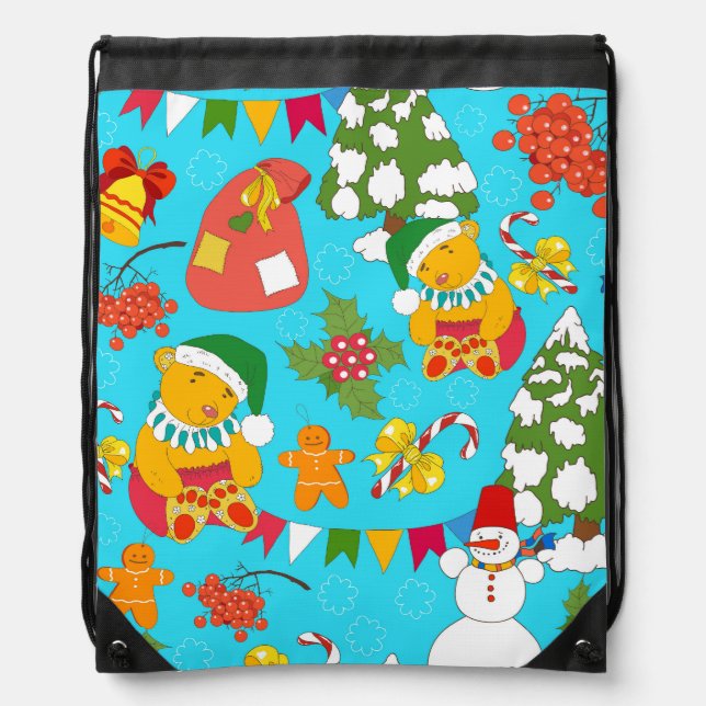 Teddy Bear Christmas: Kid-Friendly Pattern. Drawstring Bag (Front)