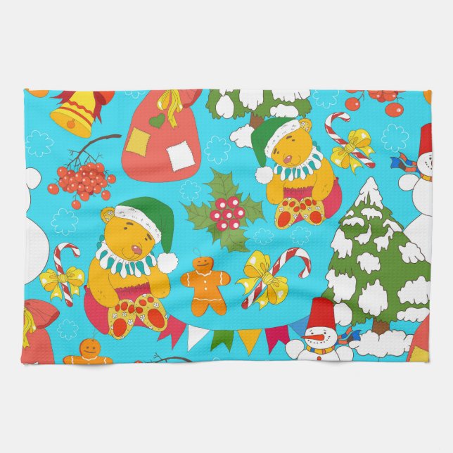 Teddy Bear Christmas: Kid-Friendly Pattern. Kitchen Towel (Horizontal)