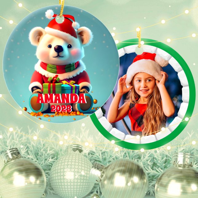 Teddy Bear Christmas Personalized Kids Photo Ceramic Ornament (Creator Uploaded)