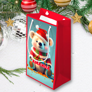Teddy Bear Christmas Personalized Kids Red Small Gift Bag