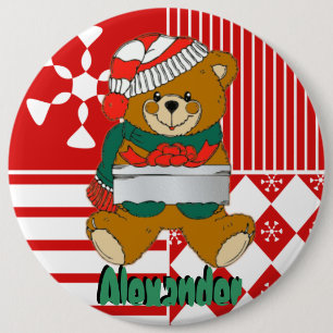 Teddy Bear Christmas Stocking Name Tag Buttons