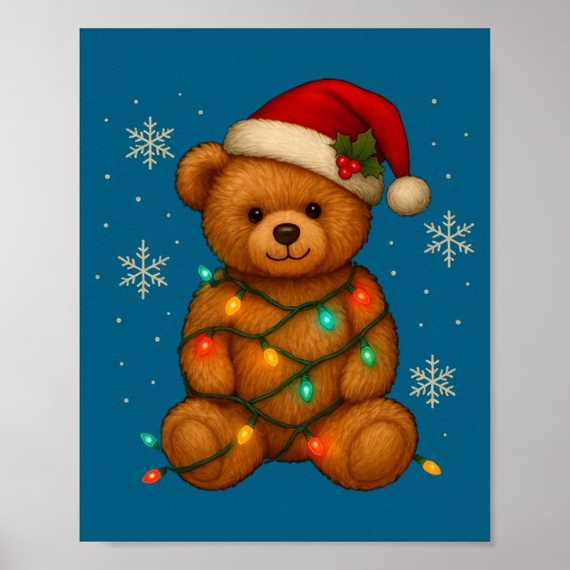 Teddy Bear Christmas Tree Lights Santa Hat For Bea Poster (Front)