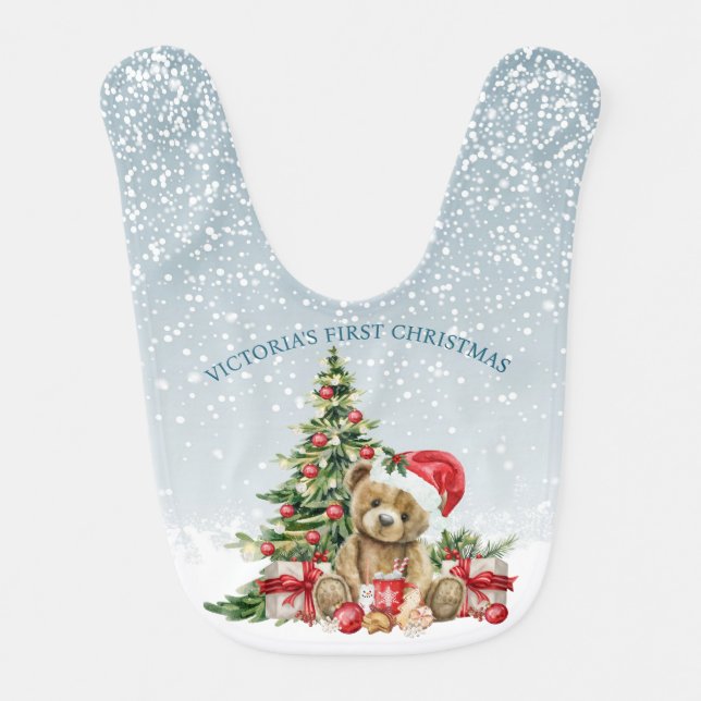 Teddy Bear Christmas Tree My 1st Christmas Baby Bib (Front)