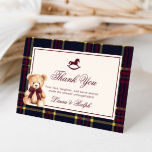Teddy Bear Classic Burgundy Plaid Baby Shower Letterpress Thank You Card