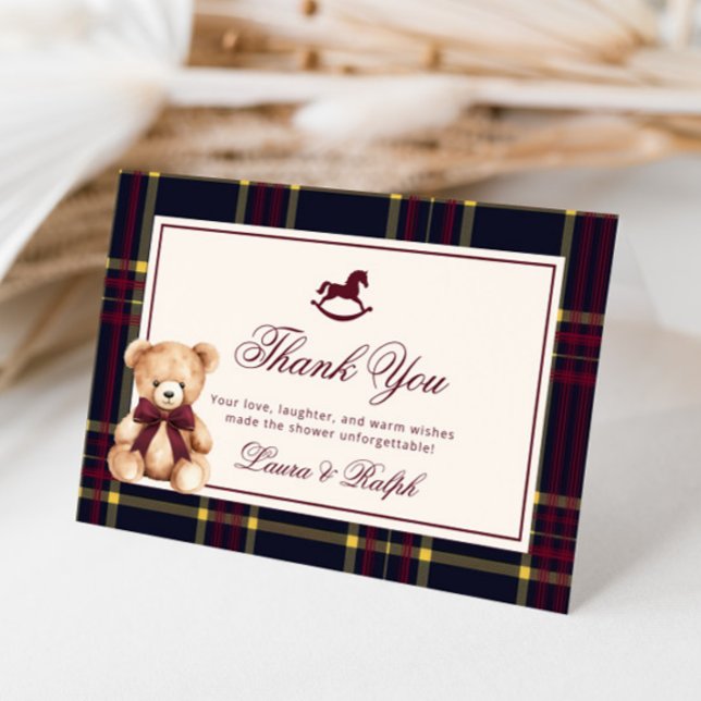 Teddy Bear Classic Burgundy Plaid Baby Shower Thank You Card (Creator Uploaded)