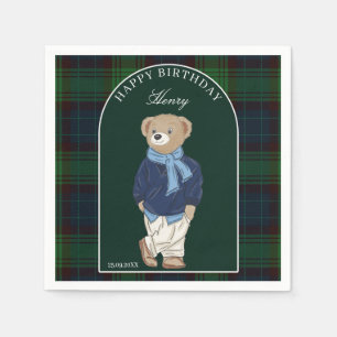 Teddy bear classic plaid birthday party custom napkins