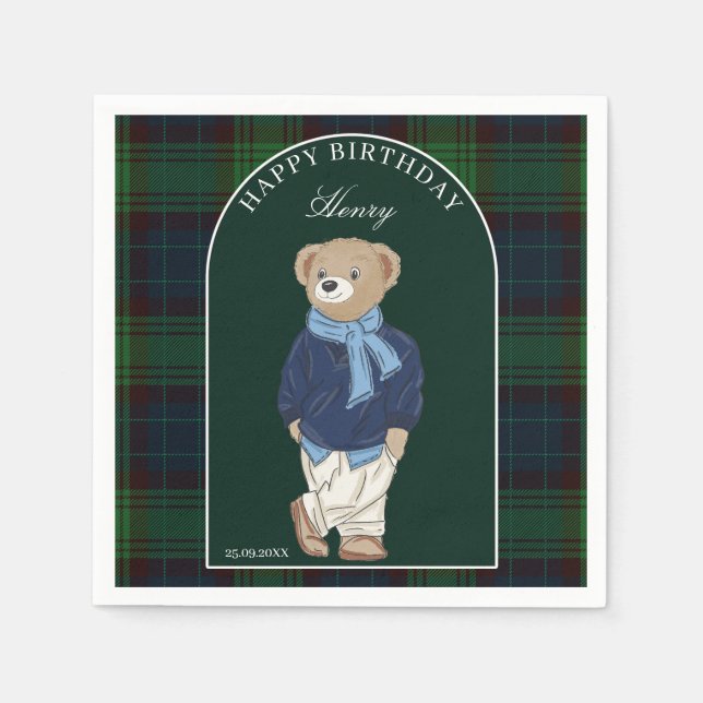 Teddy bear classic plaid birthday party custom napkins (Front)