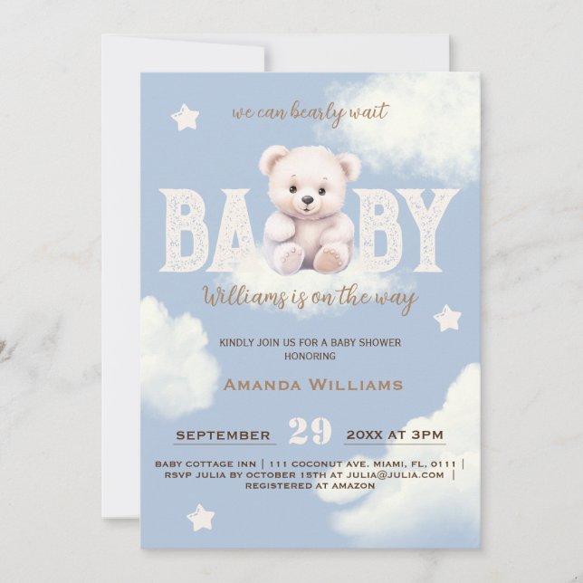 Teddy Bear Cloud 9 Bearly Wait Blue Boy Shower Invitation (Front)