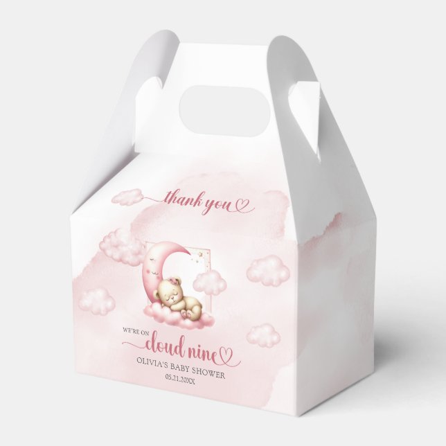 Teddy bear cloud nine pink girl baby shower favor boxes (Front Side)