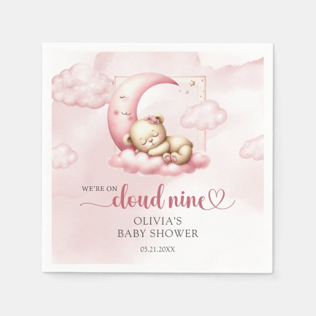 Teddy bear cloud nine pink girl baby shower napkins (Front)