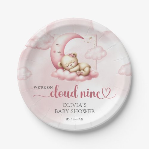 Teddy bear cloud nine pink girl baby shower paper plates